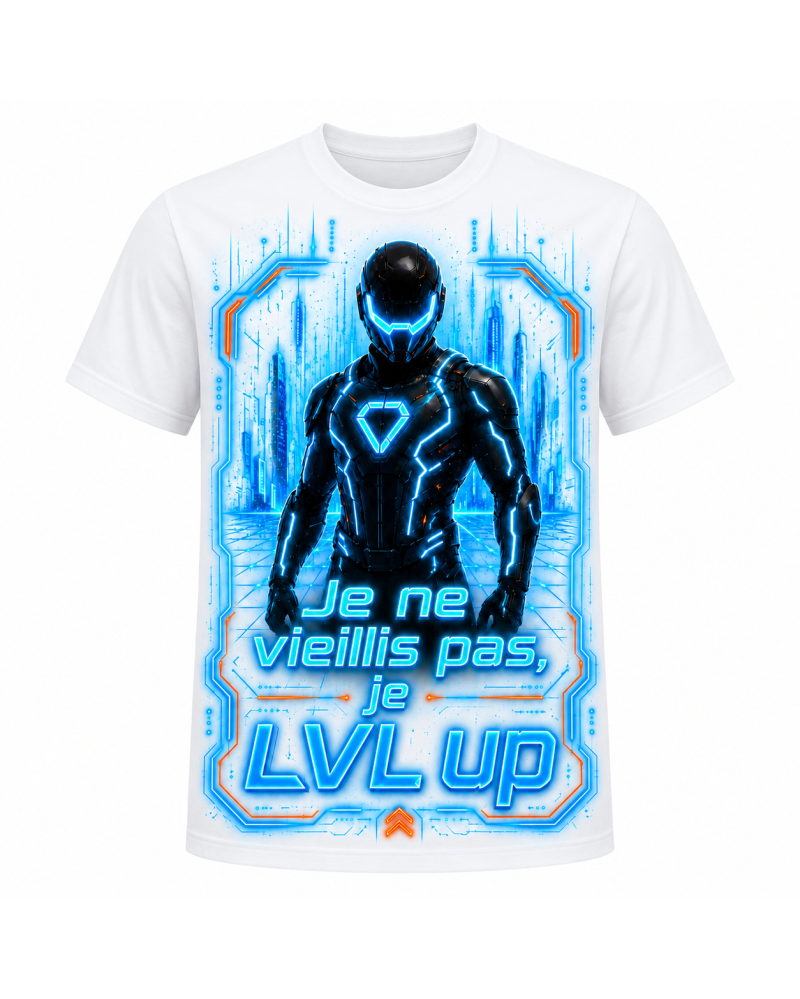 T-Shirt Gamer « Je ne vieillis pas, je LVL Up » – Design Gaming Futuriste